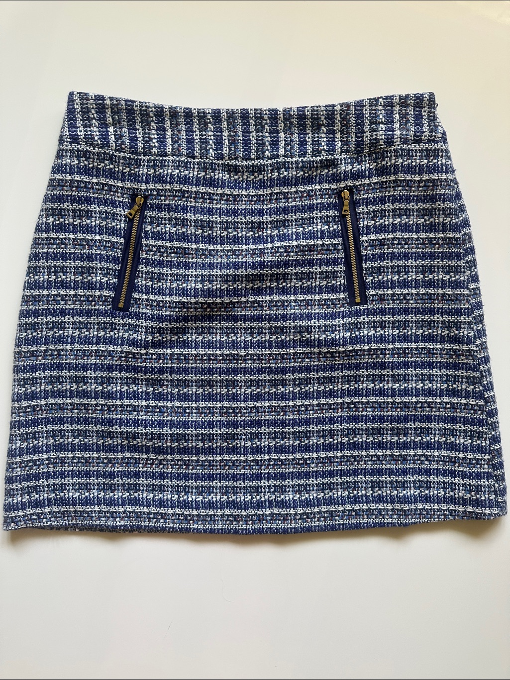 Loft Blue & White Tweed Skirt With Gold Zippers